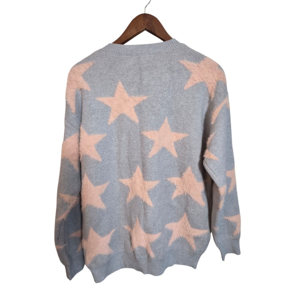 Macaron Gray Pink Star Print Knit Crewneck Sweater Pullover Small 053 bin - Picture 10 of 16